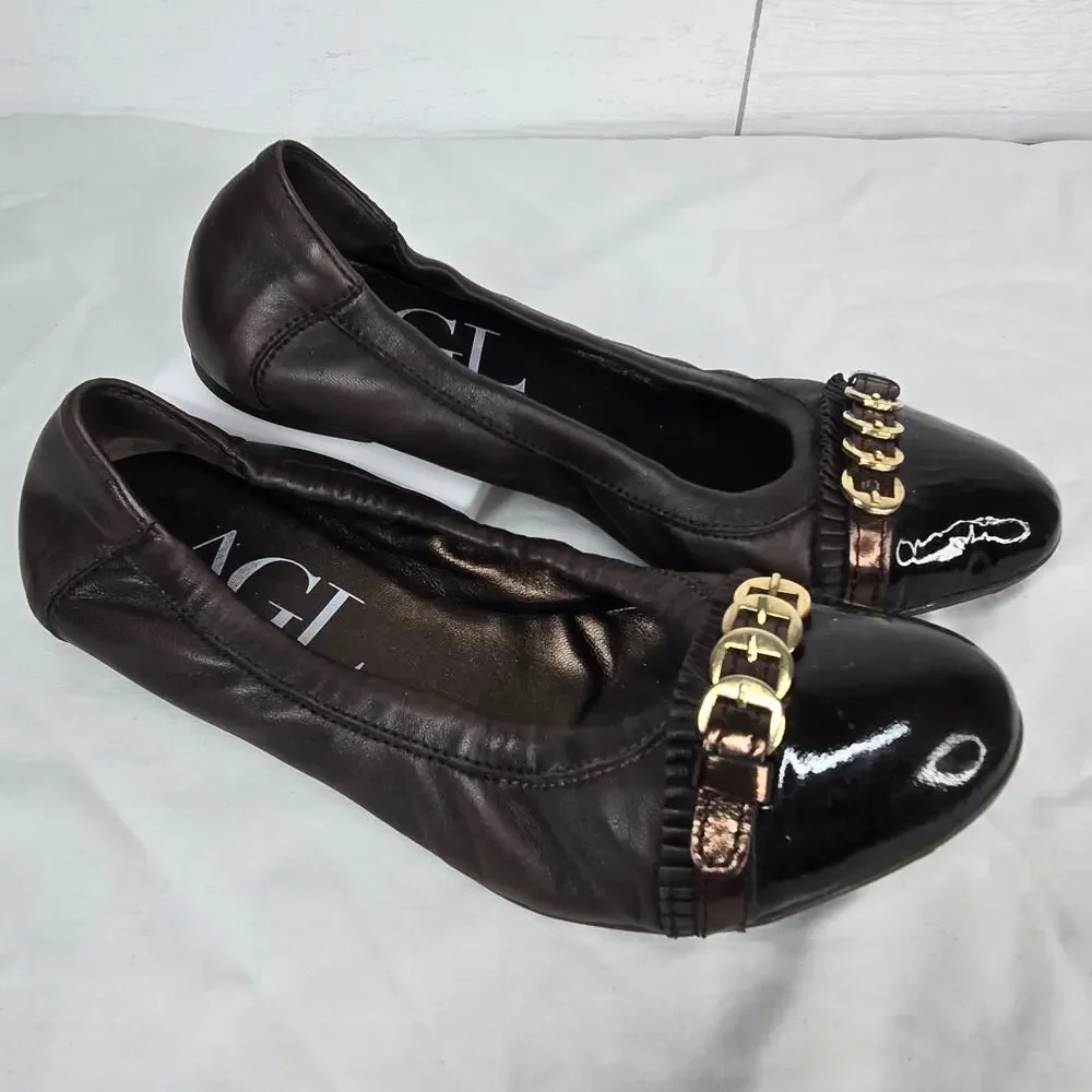 AGL Attilio Giusti Leombruni Ballet Flats Cap Toe Leather Gold Buckle 37.5 7.5